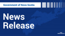 A blue rectangle shape with the text government of of Nova Scotia News Release on it.