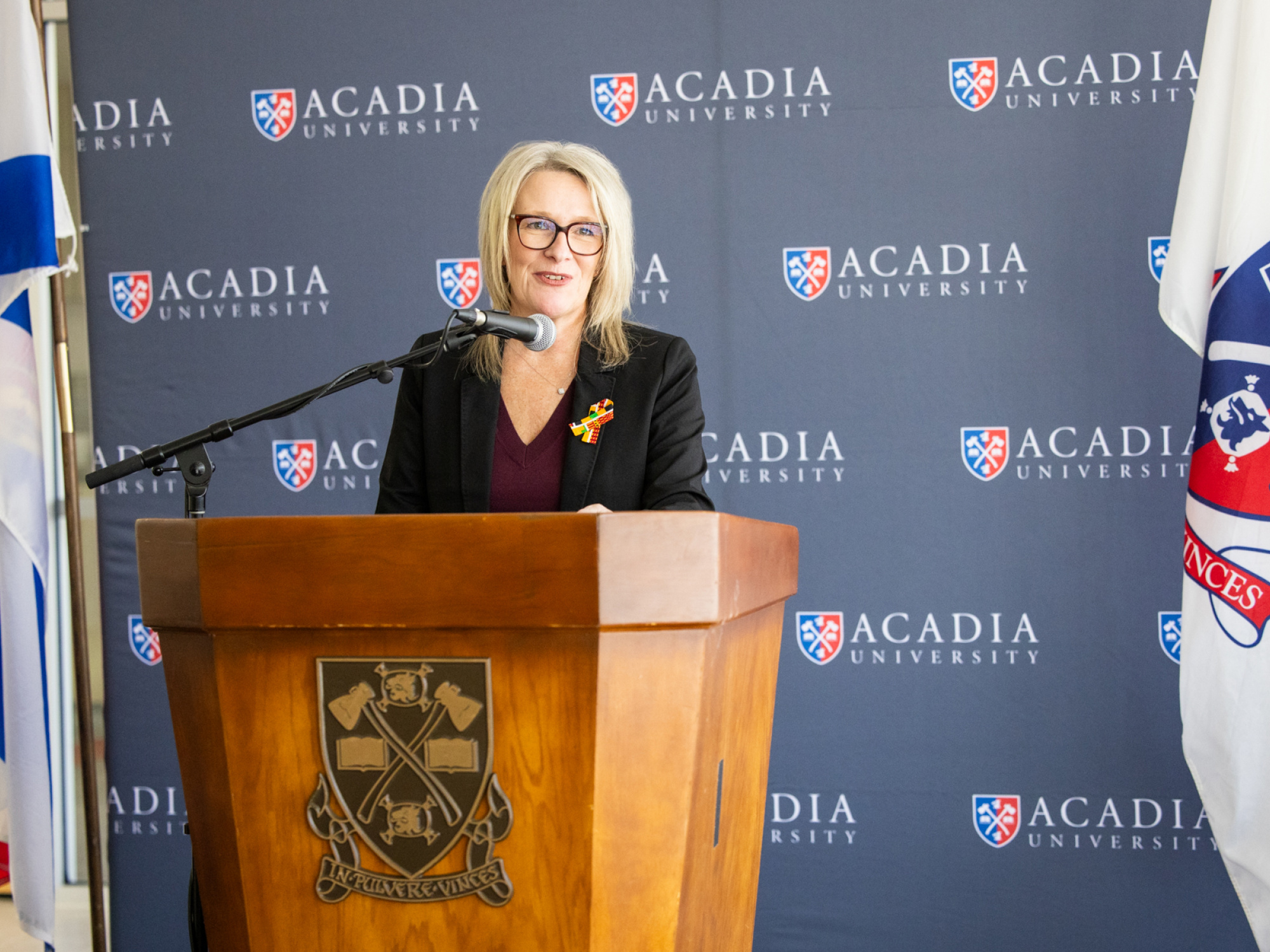 Melissa Sheehy-Richard, MLA for Hants West, welcomes the Acadia University community at the funding announcement. (Communications Nova Scotia)