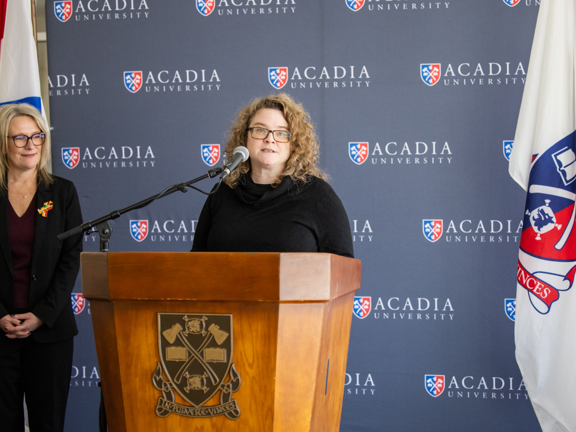 Kate Ashley, interim Provost and Vice President (Academic) at Acadia University describes the vision for the new state-of-the-art training facility as Melissa Sheehy-Richard, MLA for Hants West, looks on. (Communications Nova Scotia)