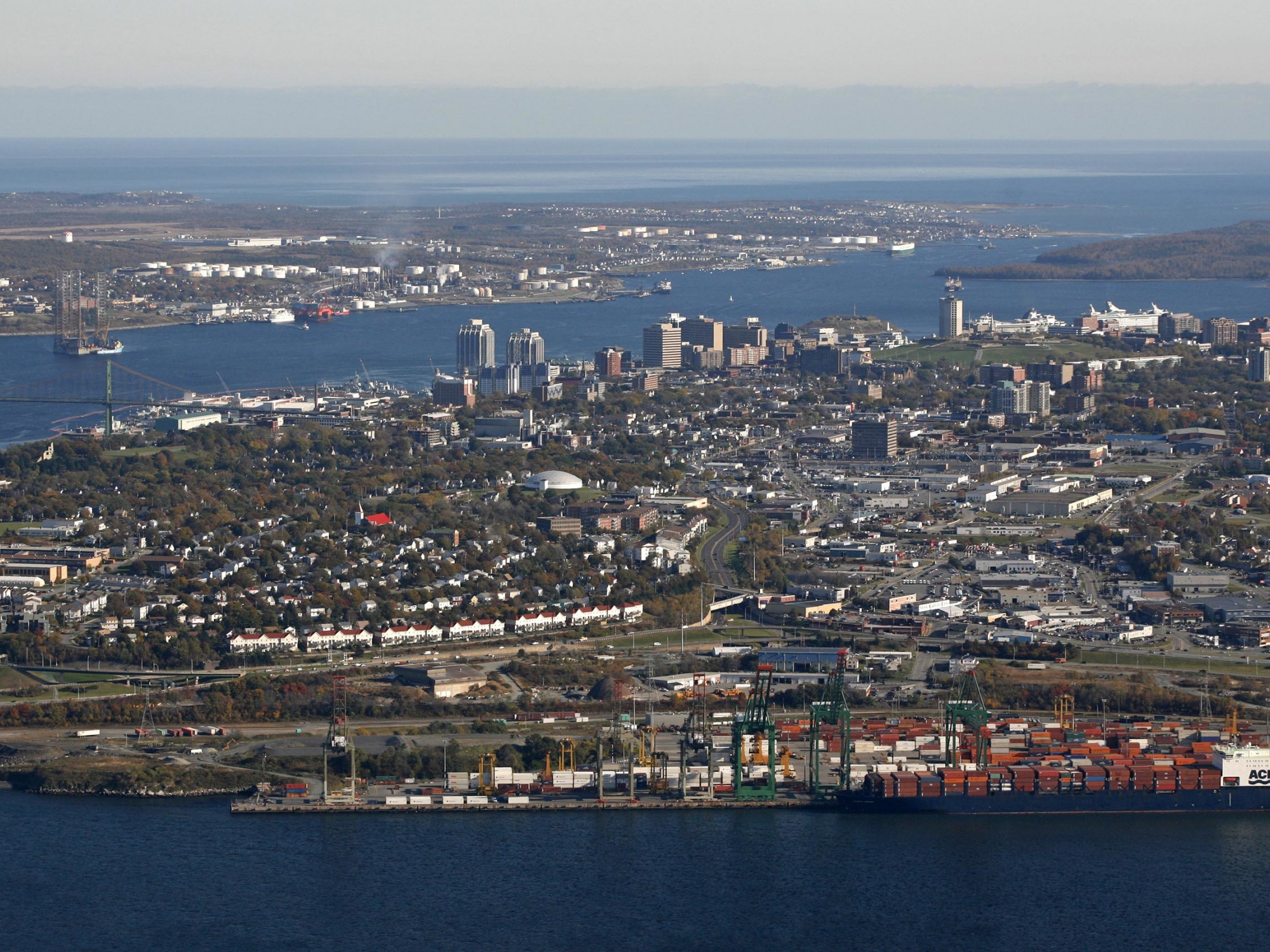 An aerial view of Halifax with Fairview Cove Container Terminal in the foreground.