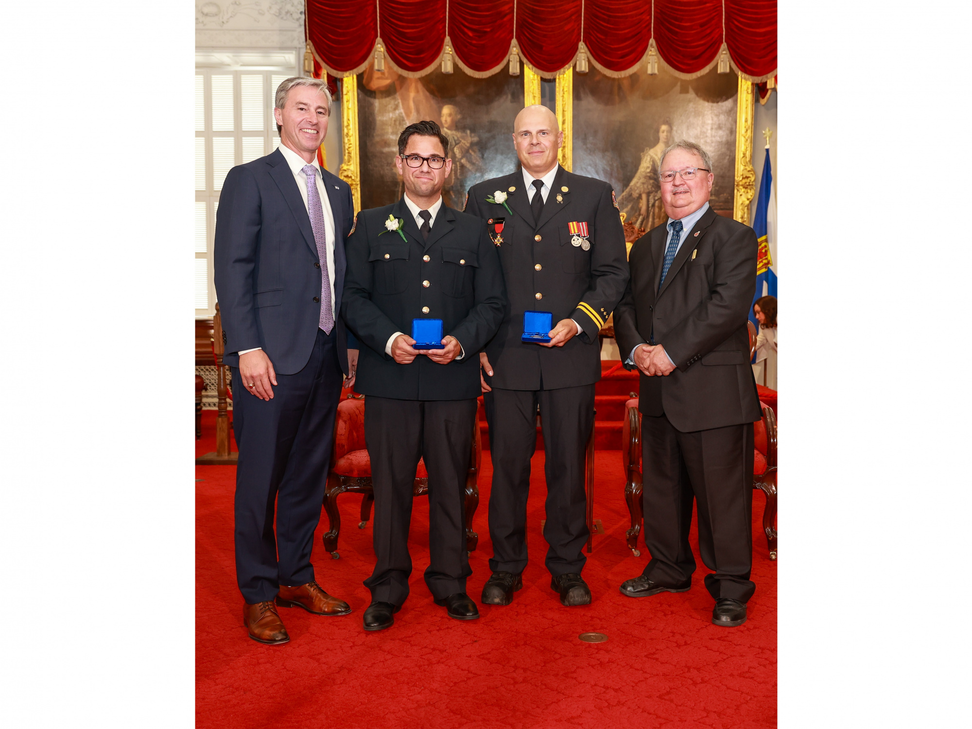 Photo of recipient Conor Scott of Dartmouth, Kevin Corkum of Middle LaHave, and Medal of Bravery Advisory Committee Chair Tom Steele