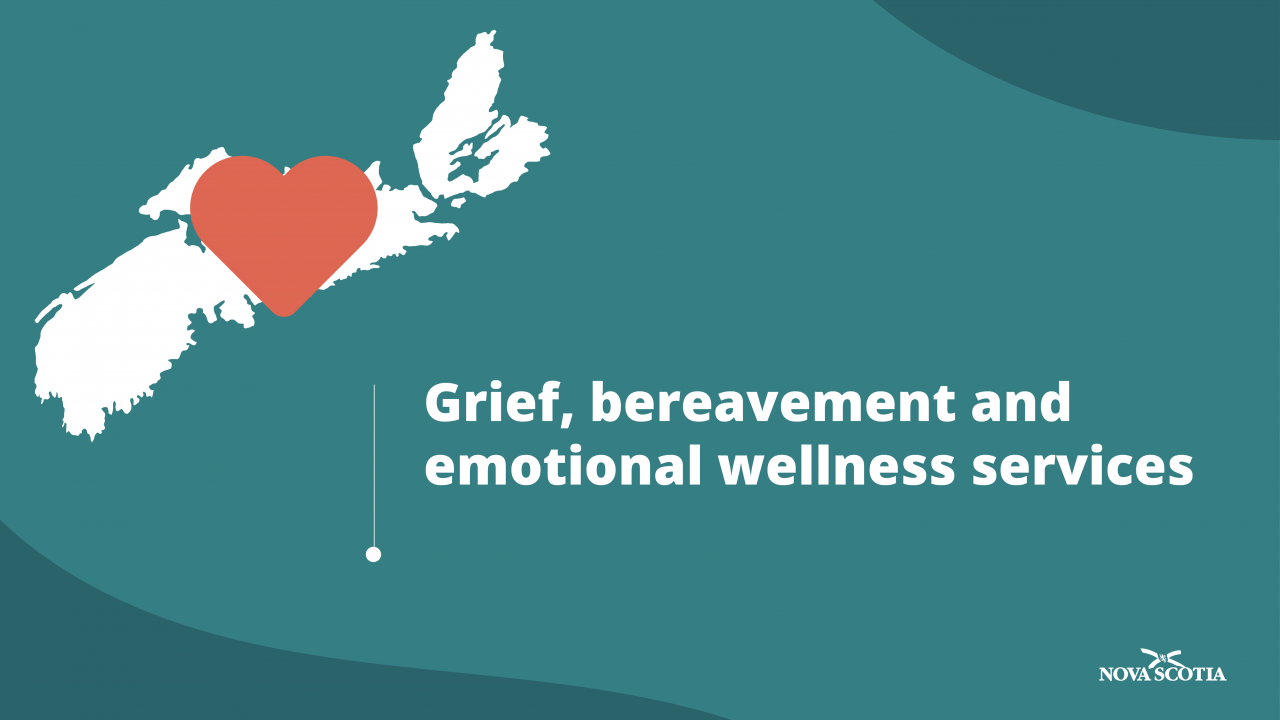 Graphic showing a heart over an outline of Nova Scotia next to the words: Grief, bereavement and emotional wellness services