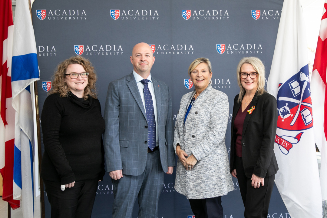 L-R: Acadia University’s Kate Ashley, interim Provost and Vice President (Academic) and Jeff Hennessy, President and Vice-Chancellor, with Barbara Adams, Minister for Seniors and Long-term Care and Melissa Sheehy-Richard, MLA for Hants West, following the announcement. (Communications Nova Scotia)