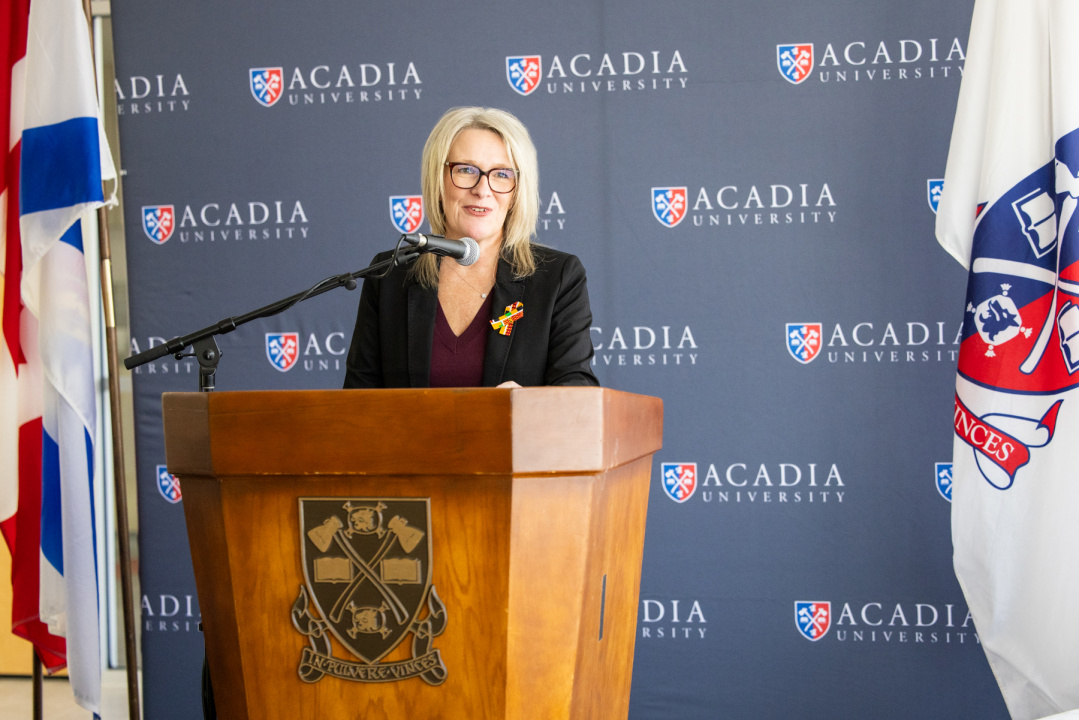 Melissa Sheehy-Richard, MLA for Hants West, welcomes the Acadia University community at the funding announcement. (Communications Nova Scotia)