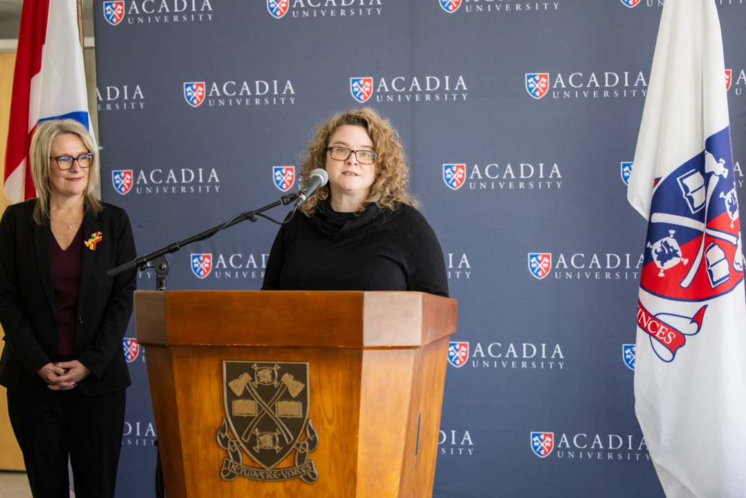 Kate Ashley, interim Provost and Vice President (Academic) at Acadia University describes the vision for the new state-of-the-art training facility as Melissa Sheehy-Richard, MLA for Hants West, looks on. (Communications Nova Scotia)