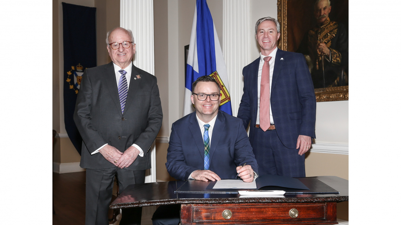 Photo of Lt.-Gov. Arthur LeBlanc, new Community Services Minister Brendan Maguire and Premier Tim Houston