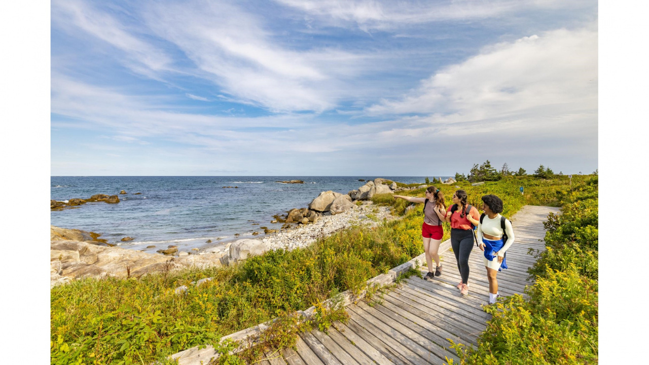 Photo of three people walking on boardwalk near the ocean