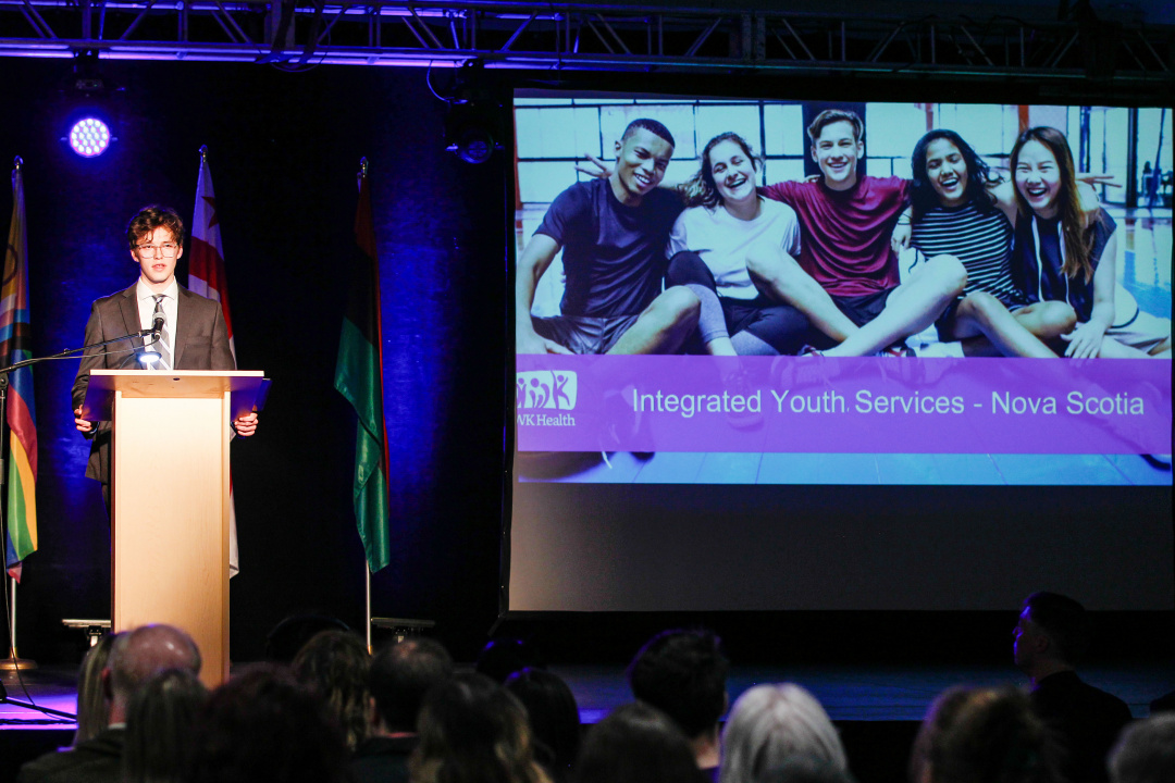 Morgan Garnhum, an advocate for youth in Bridgewater, shares his personal story during the announcement