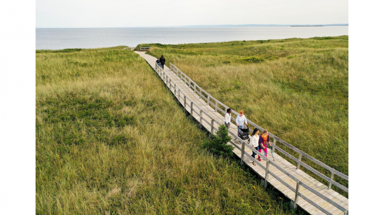 Photo of people walking on a boardwalk to a beach