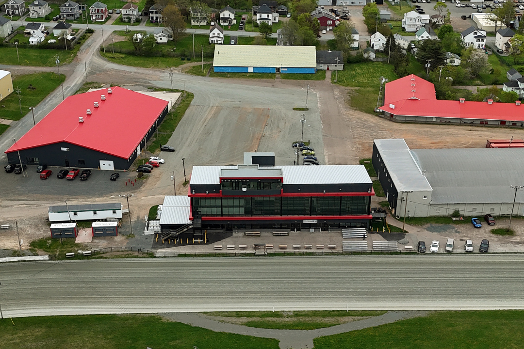 Photo of the Dr. Richard (Dick) Huggard Grandstand at the Nova Scotia Provincial Exhibition grounds in Bible Hill