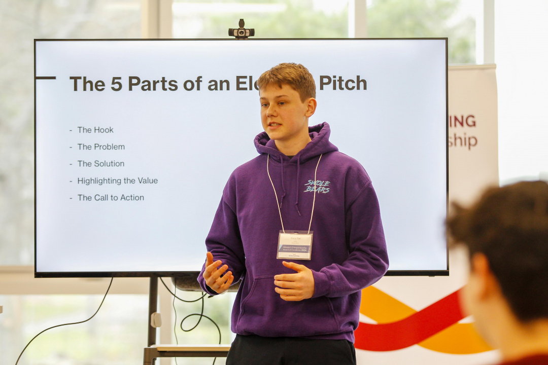 Minister’s Entrepreneurship Award of Excellence recipient Rory Fox practises pitching his business idea, Swole Bears, a protein-rich candy. (Communications Nova Scotia)
