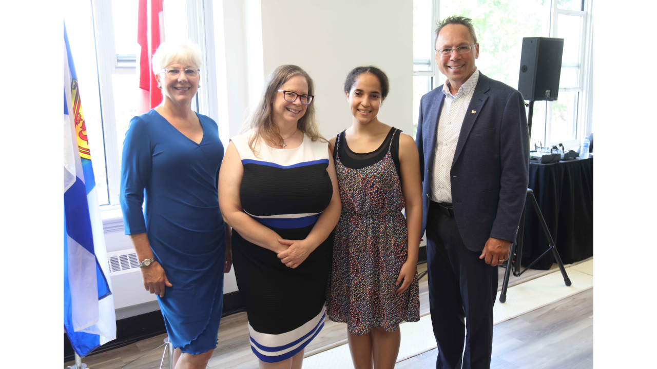 L-R: Linda Yates, Atlantic School of Theology board Chair; Heather McCance, President, Atlantic School of Theology; Francesca Southwell, Saint Mary's University student living on the campus; and Advanced Education Minister Brian Wong during the event. (Communications Nova Scotia)