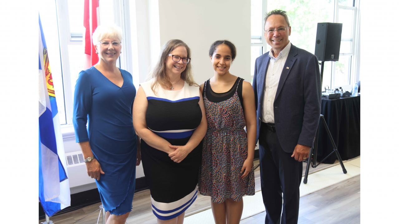 L-R: Linda Yates, Atlantic School of Theology board Chair; Heather McCance, President, Atlantic School of Theology; Francesca Southwell, Saint Mary's University student living on the campus; and Advanced Education Minister Brian Wong during the event. (Communications Nova Scotia) 