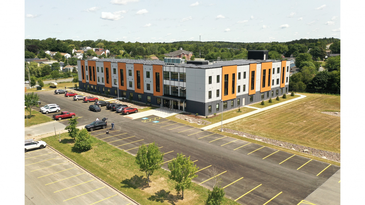 An aerial view of the NSCC Akerley campus housing project in Dartmouth, which will open to 100 students this September. (Communications Nova Scotia)