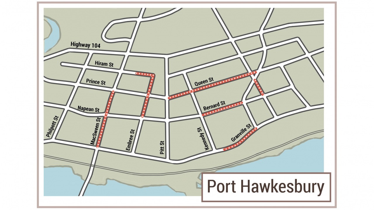 Graphic of Port Hawkesbury street map with red lines on some streets