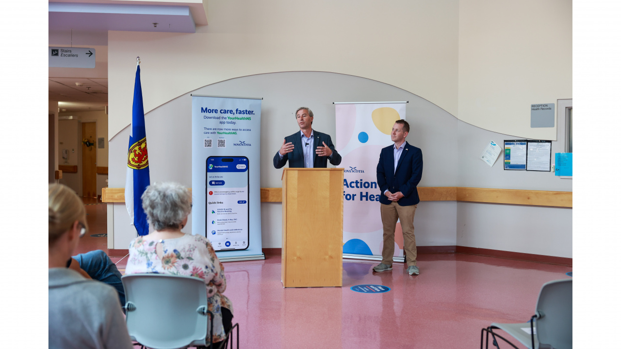 Premier Tim Houston announces a new SPECT/CT scanner and electrical upgrades for Yarmouth Regional Hospital, alongside Colton LeBlanc, Minister of Service Nova Scotia, today, August 16.
