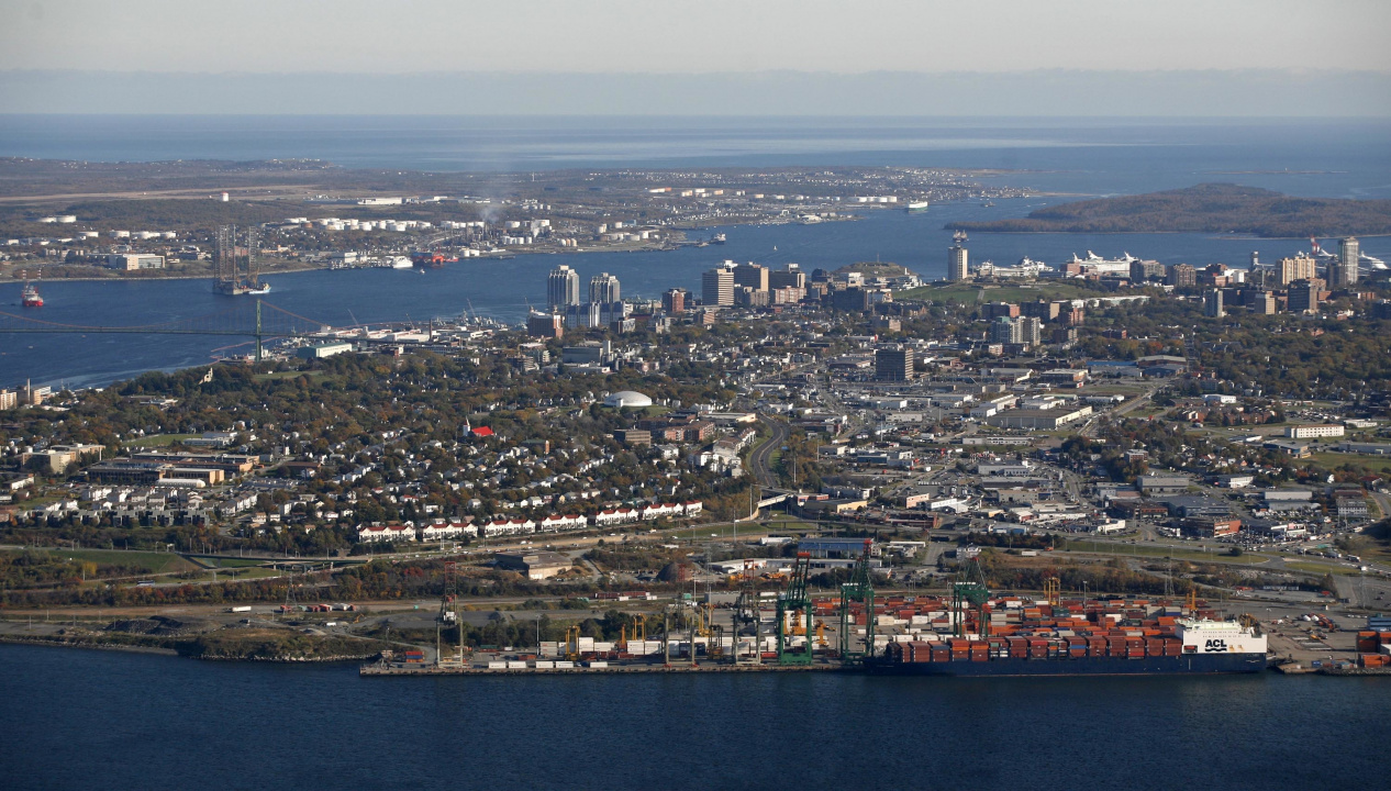 An aerial view of Halifax with Fairview Cove Container Terminal in the foreground.