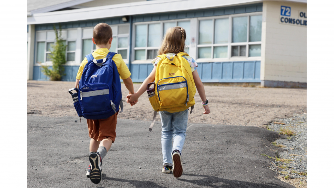 Photo of two young children with backpacks holding hands walking to school