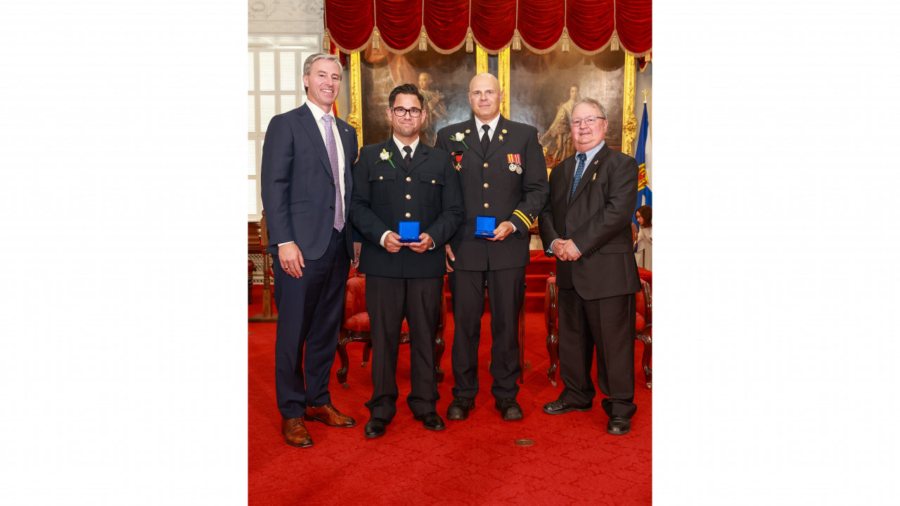 Photo of recipient Conor Scott of Dartmouth, Kevin Corkum of Middle LaHave, and Medal of Bravery Advisory Committee Chair Tom Steele