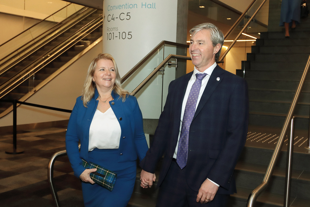 Premier Tim Houston arrives at the Halifax Convention Centre with his wife, Carol, for the cabinet swearing-in ceremony today, December 12. (Communications Nova Scotia)