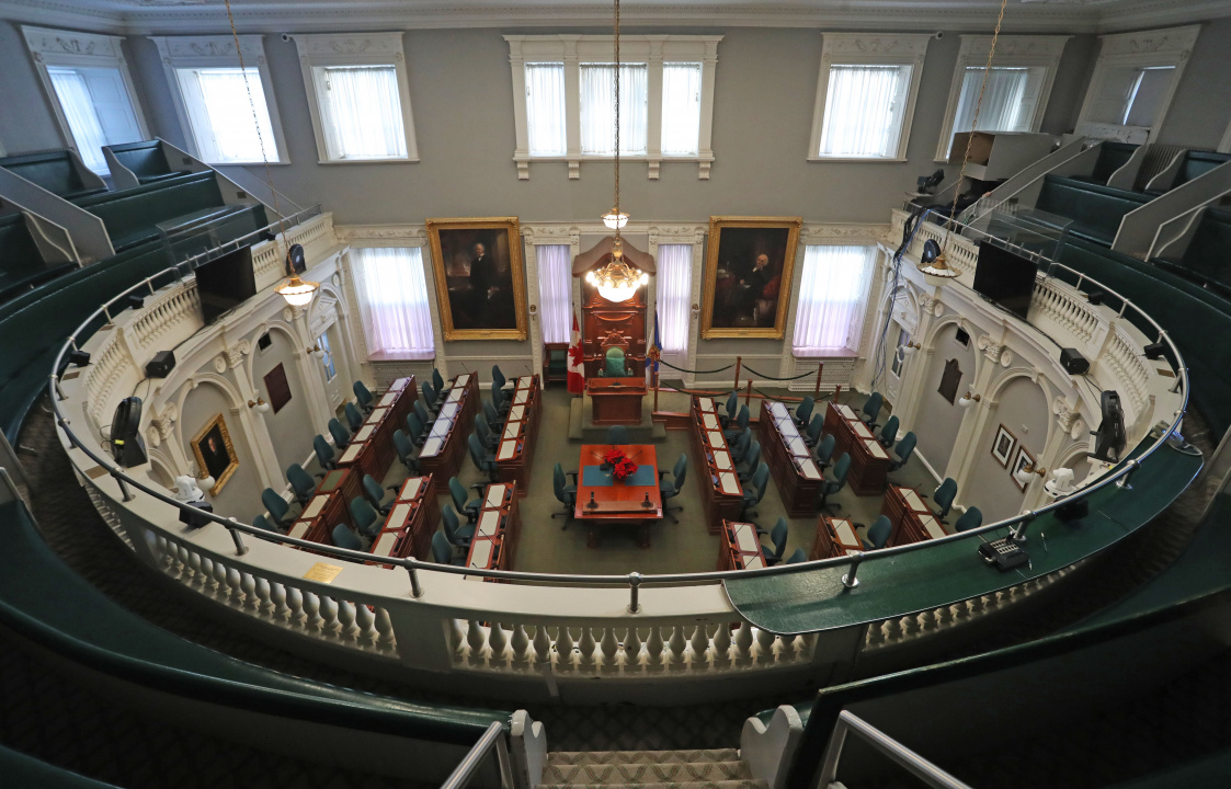The NS Legislature room seen from above, arranged for a session