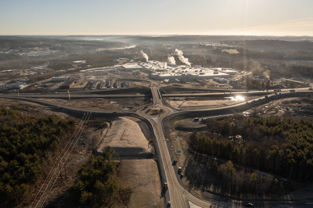 An ariel view looking east above the new Highway 103 12A interchange in Bridgewater with the Michelin facility in the background. 