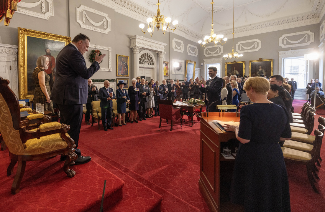 Photo of Lt.-Gov. Mike Savage and guests at installation ceremony in the Red Chamber at Province House