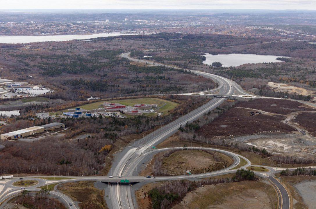 Aerial view looking westward from Burnside Industrial Park at the new section of Highway 107