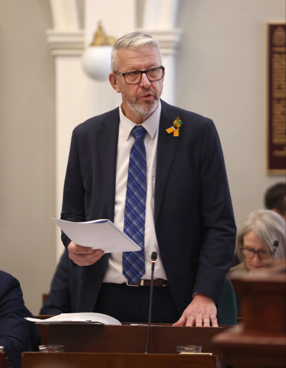 Finance and Treasury Board Minister John Lohr during budget speech in legislative chamber