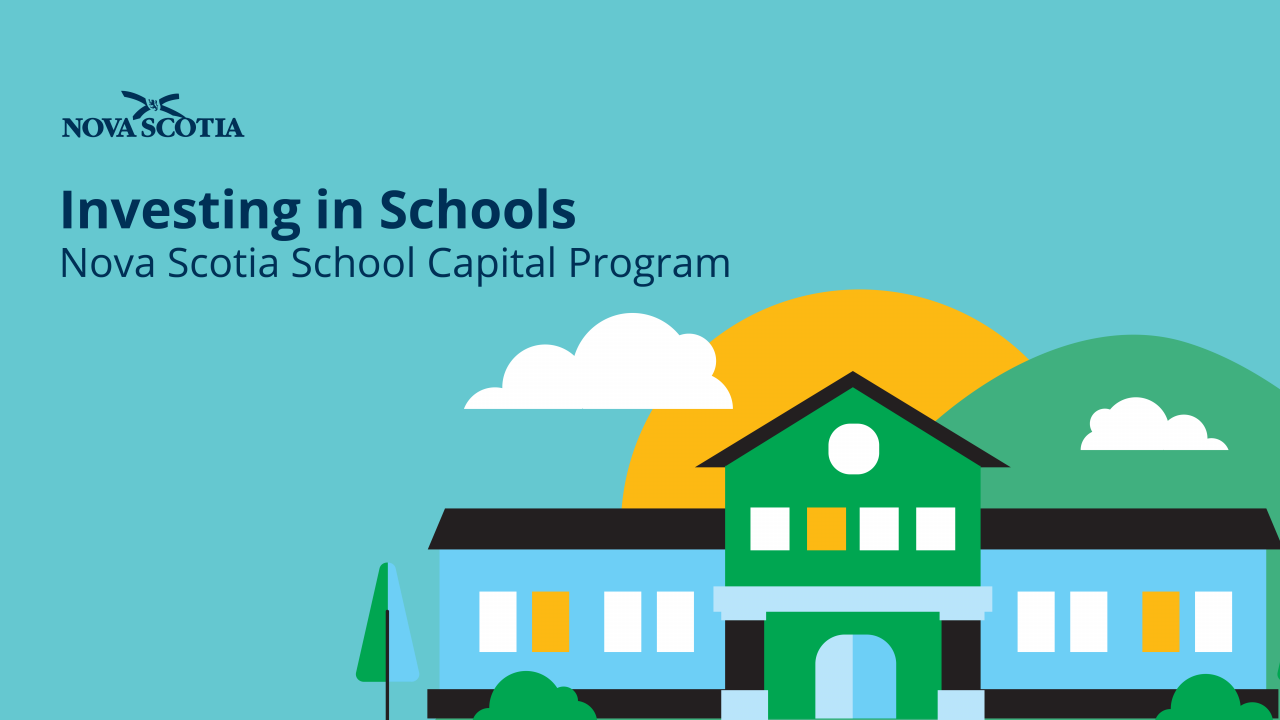 Graphic of a school with the words Investing in Schools: Nova Scotia School Capital Program and the Province of Nova Scotia logo.