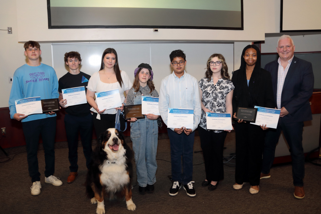 Ministerial Assistant to the Minister of Education and Early Childhood Development Brad McGowan with the finalists for the Minister’s Entrepreneurship Award of Excellence.