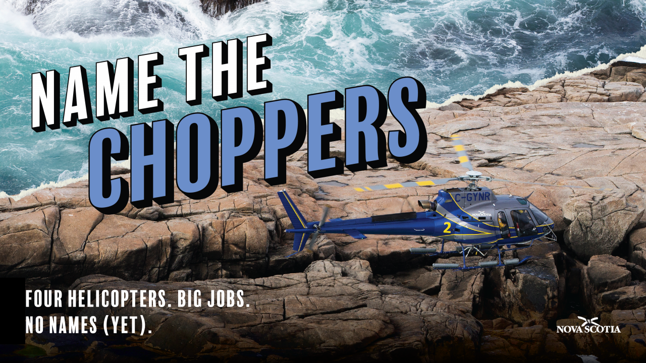 Graphic with photo of a helicopter and the text Name the Choppers, Four helicopters. Big jobs. No names (yet).