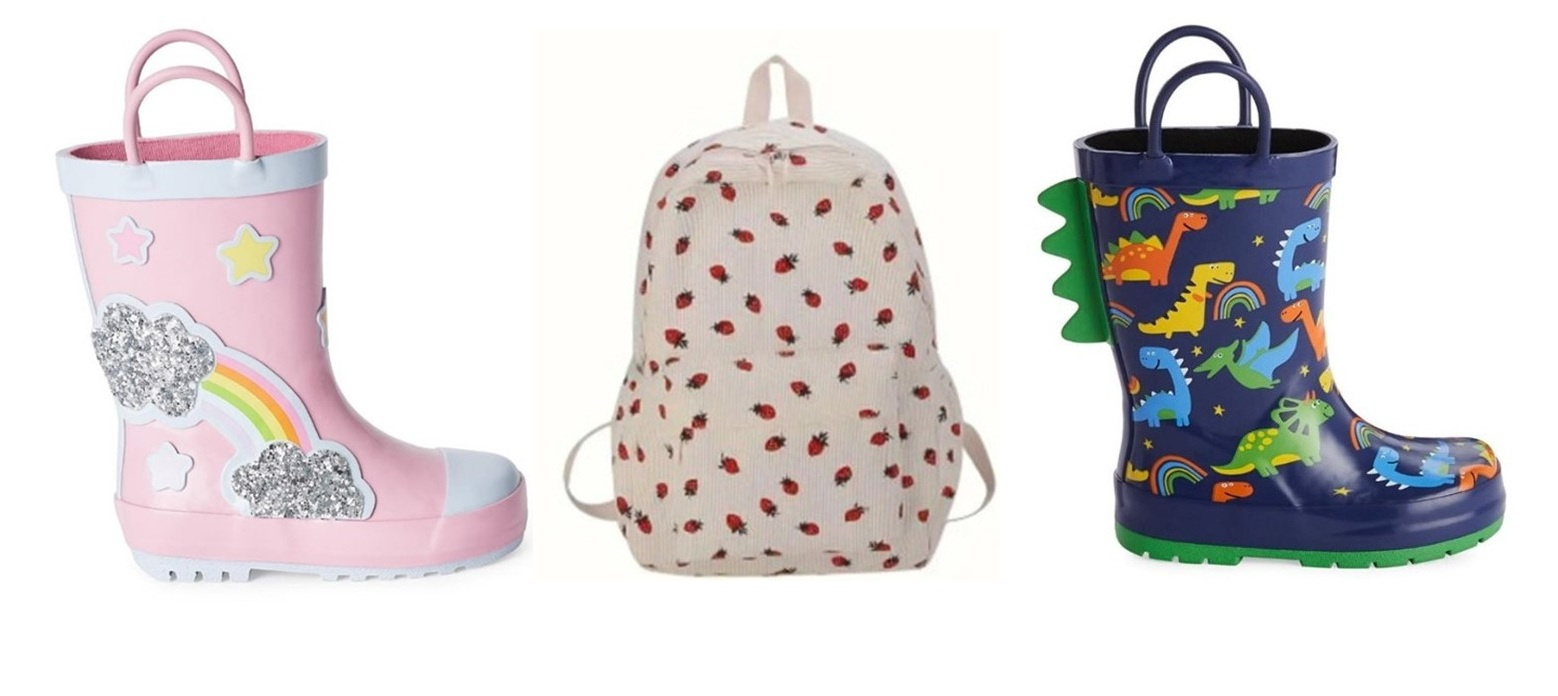 Two children's rubber boots and a backpack
