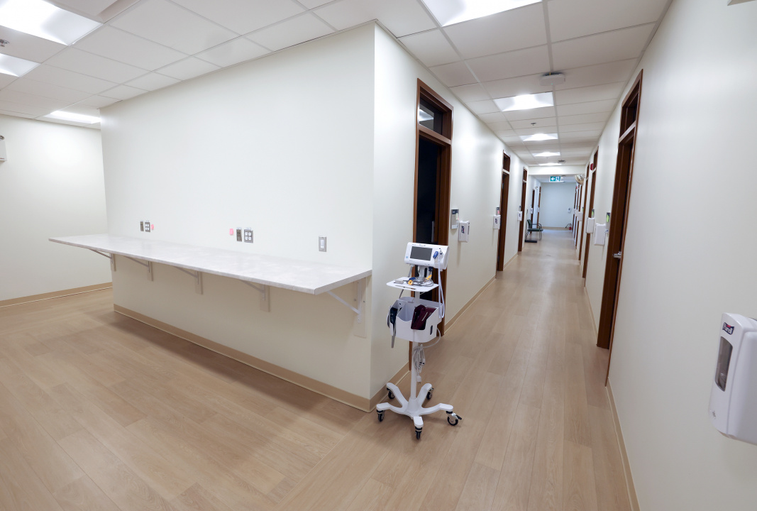 A hallway leading to exam rooms inside the Dr. Maria Angwin Memorial – Wyse Road Health Clinic in Dartmouth
