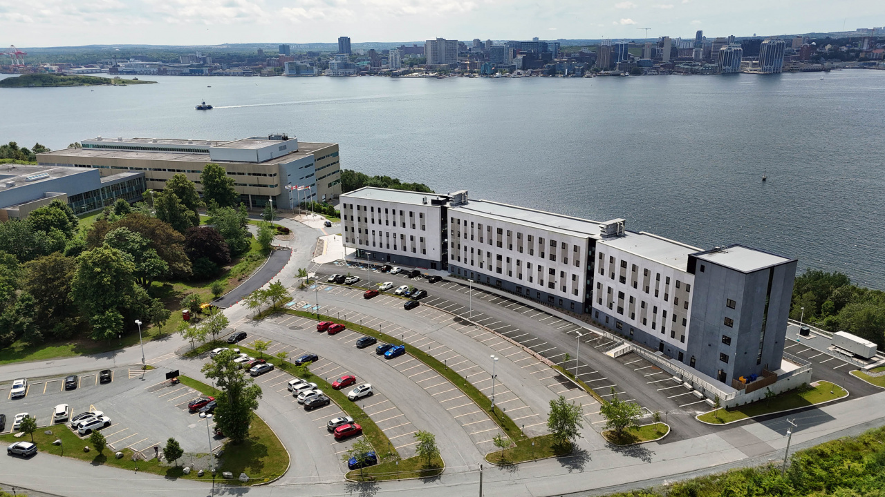 Aerial photo of new student housing buildings on the Dartmouth waterfront