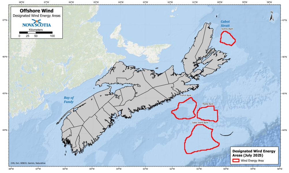 Map of Nova Scotia and offshore wind areas outlined in red