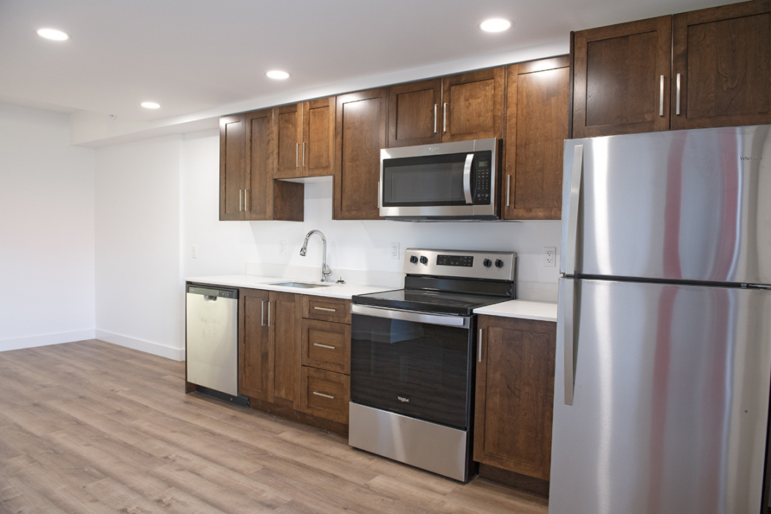 A new kitchen inside a rental unit for healthcare workers.
