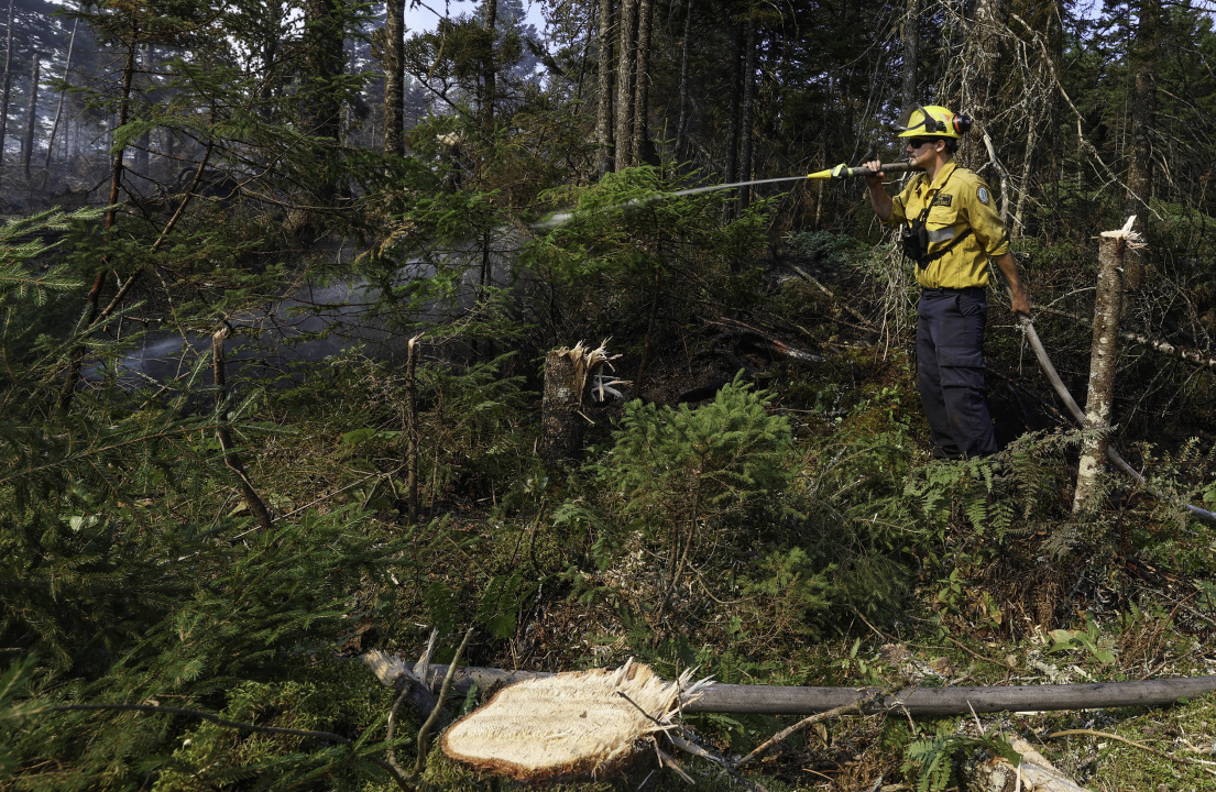 Department of Natural Resources firefighter sprays down an area near a fire break around the Long Lake wildfires complex.