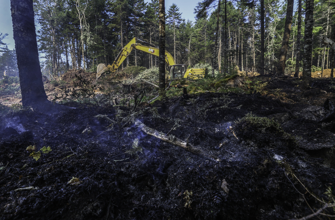 An excavator clears a fire break at the edge of the fire line. 