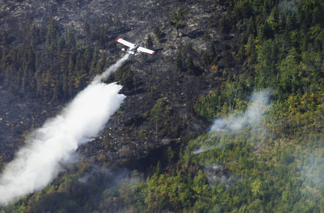 Aerial photo of an 802 plane dropping water on a forest fire