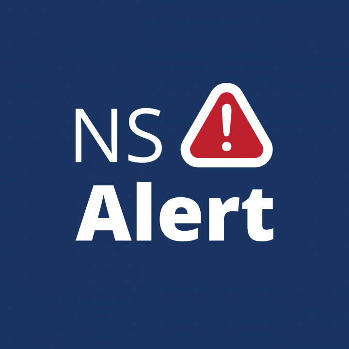 Graphic with the text NS Alert and a red triangle outlined in white with a white exclamation point in the middle