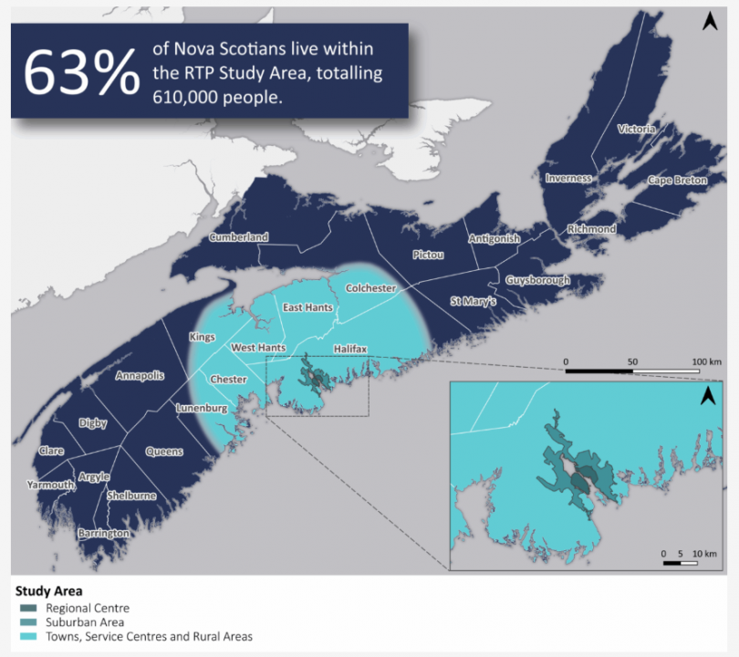 Map of Nova Scotia showing study area of HRM and surrounding counties for regional transportation plan