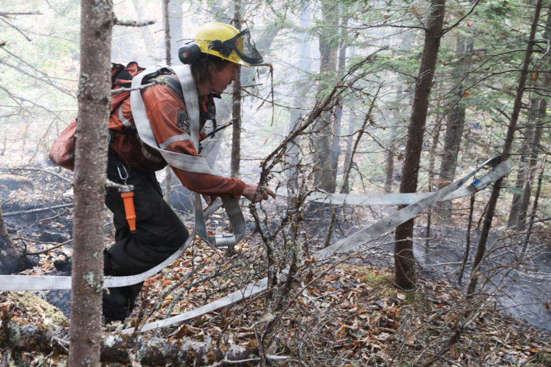Ontario firefighter Josh Biega pulls hose through the woods near Paradise Lake.