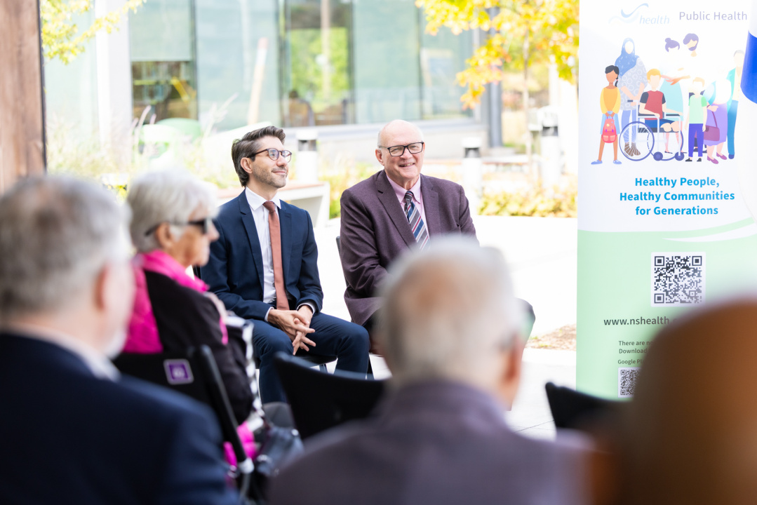 Dr. Jesse Kancir, Deputy Chief Medical Officer of Health (left), and Dr. Robert Strang, Chief Medical Officer of Health, attend the RSV immunization announcement. 