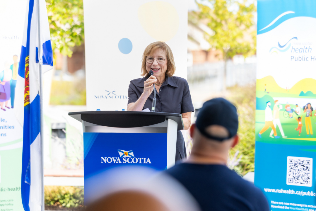 Dr. Joanne Langley, Head, Division of Infectious Diseases, IWK Health, and professor, pediatrics and community health and epidemiology, Dalhousie University, speaks at the RSV immunization announcement.