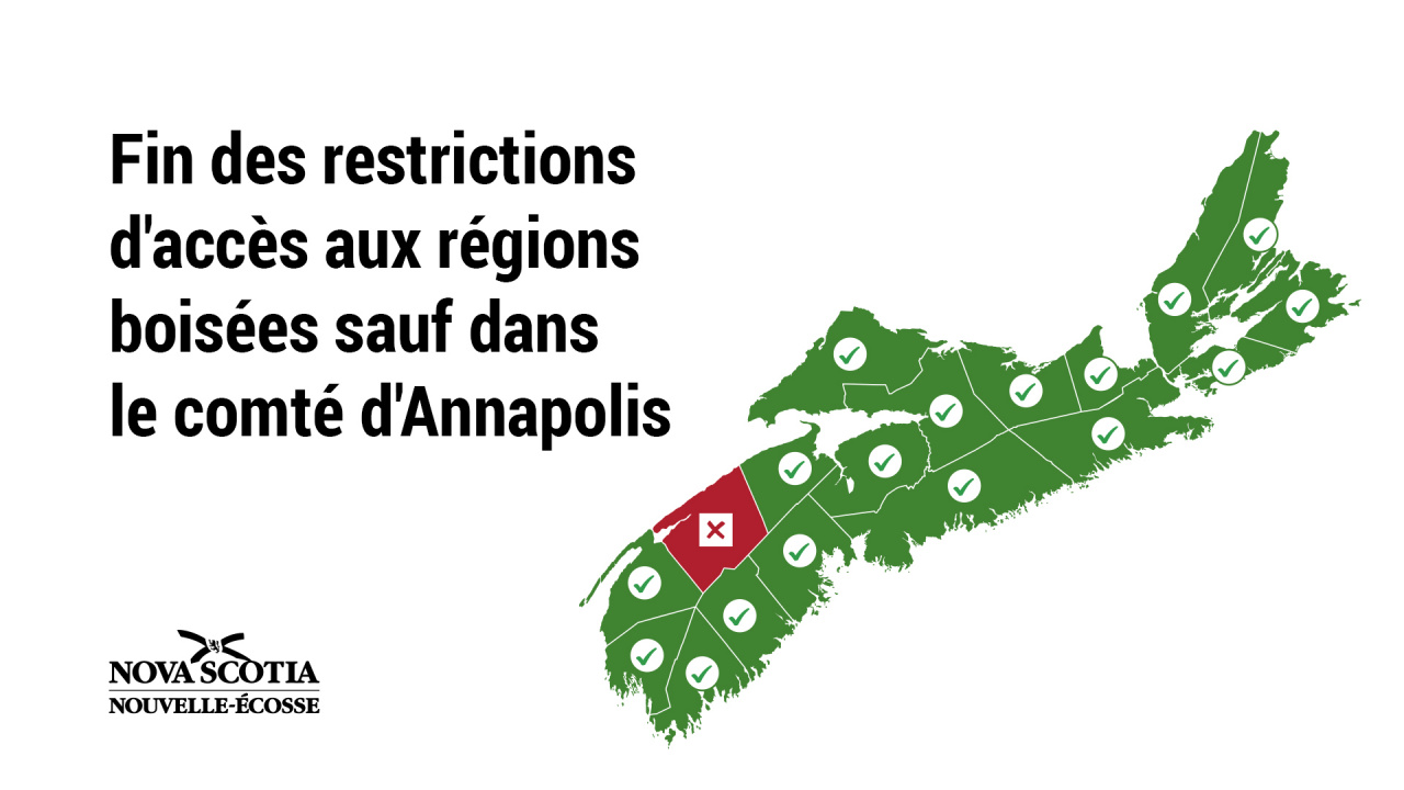 Illustration d'une carte de la Nouvelle-Écosse avec le comté d'Annapolis marqué d'un X rouge et les autres comtés marqués d'une coche verte et les mots Fin des restrictions d'accès aux régions boisées sauf dans le comté d'Annapolis