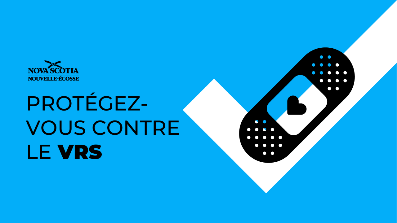 Illustration d’un pansement et d’un crochet à côté des mots « Protégez-vous contre le VRS » et du logo de la Province de la Nouvelle-Écosse