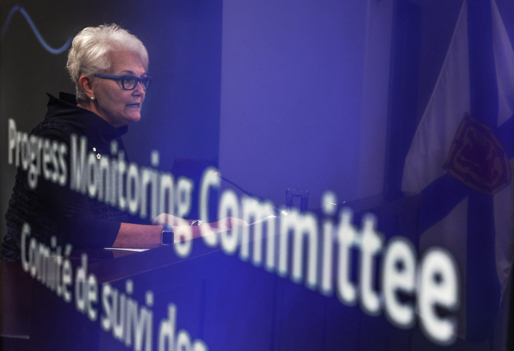 Progress Monitoring Committee Chair Myra Freeman reflected in the video monitor.