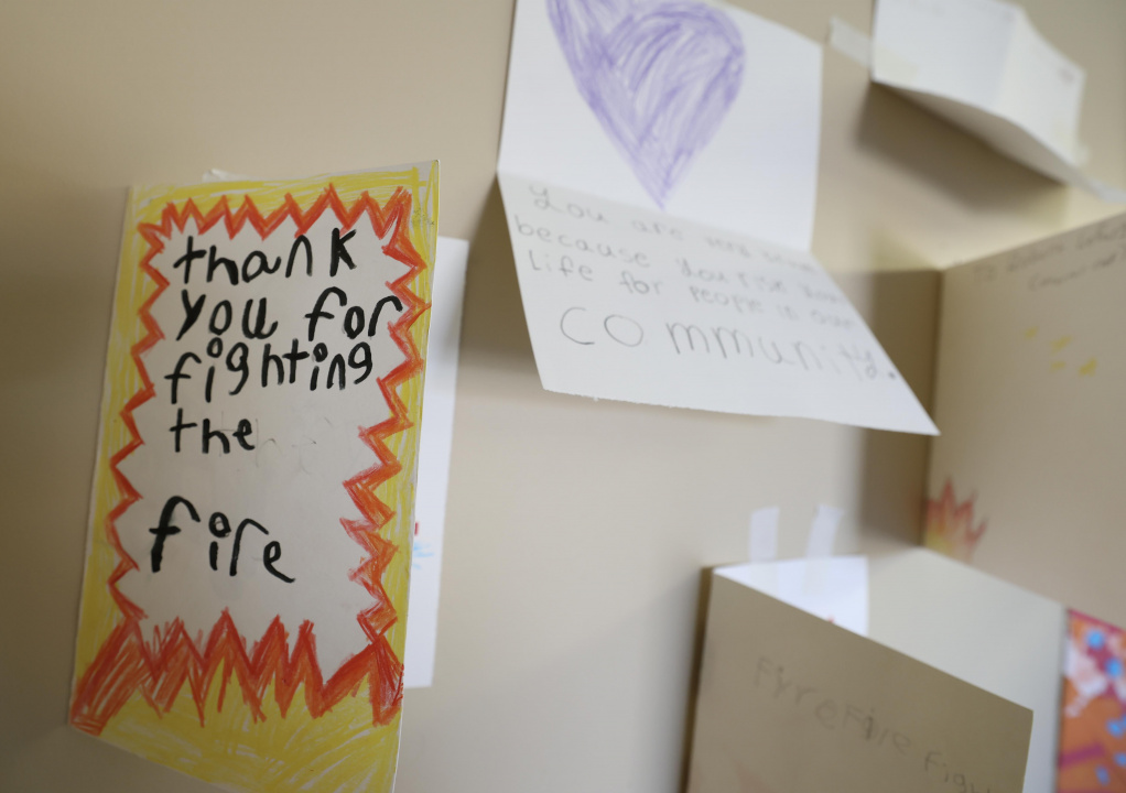 Cards made by students at Champlain Elementary School to thank firefighters for their efforts.
