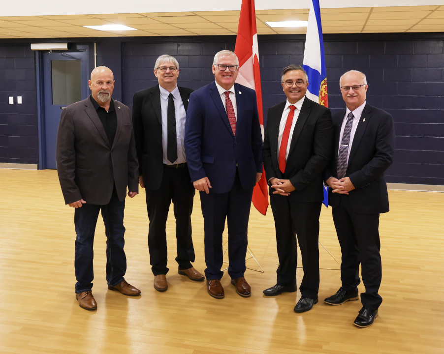 L-R: Cape Breton Regional Municipality Councillors Gordon MacDonald and Dave MacKeigan; Mayor Cecil Clarke; Mike Kelloway, Member of Parliament for Sydney–Glace Bay; and John White, MLA Grace Bay-Dominion.